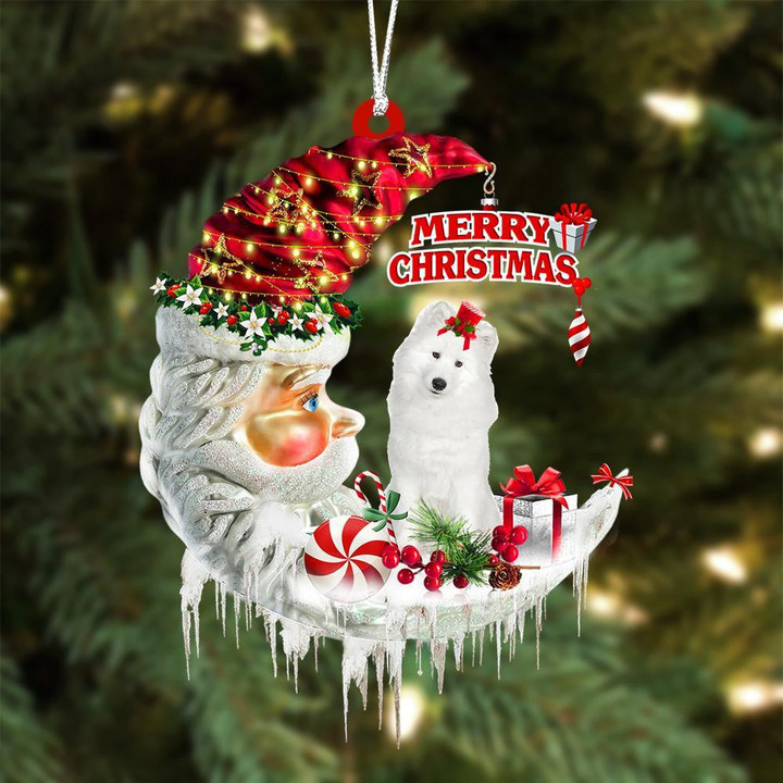Samoyed On The Moon Merry Christmas Hanging Ornament Flat Acrylic Dog Ornament