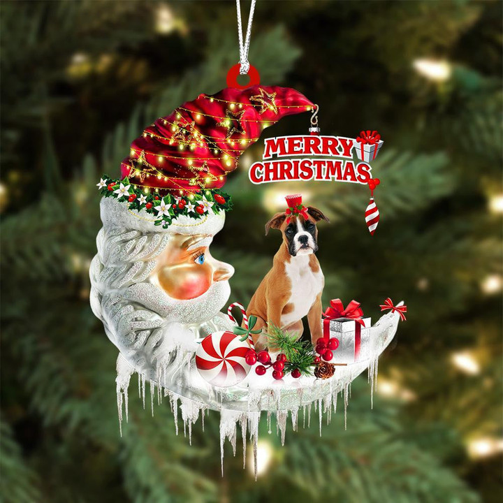 Boxer On The Moon Merry Christmas Hanging Ornament Flat Acrylic Dog Ornament