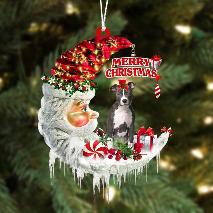 Pit Bull On The Moon Merry Christmas Hanging Ornament Flat Acrylic Dog Ornament