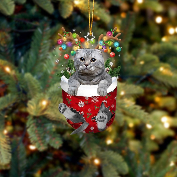 Grey Cat In Snow Pocket Christmas Ornament Flat Acrylic Cat Ornament