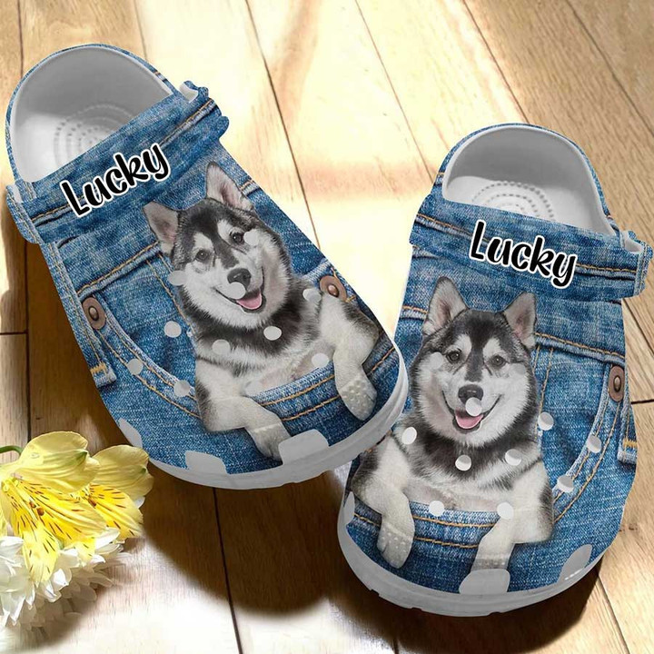 Personalized Husky in Pocket Crocs, Custom Name Husky Clog Shoes for Dog Mom, Dog Dad