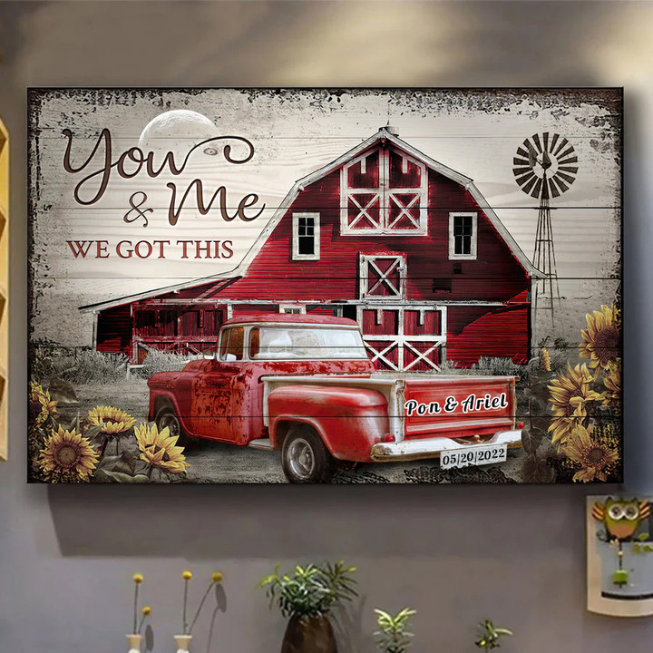 Personalized Couple Red Truck Wall Art, Husband and Wife Anniversary Old Barn Wall Art