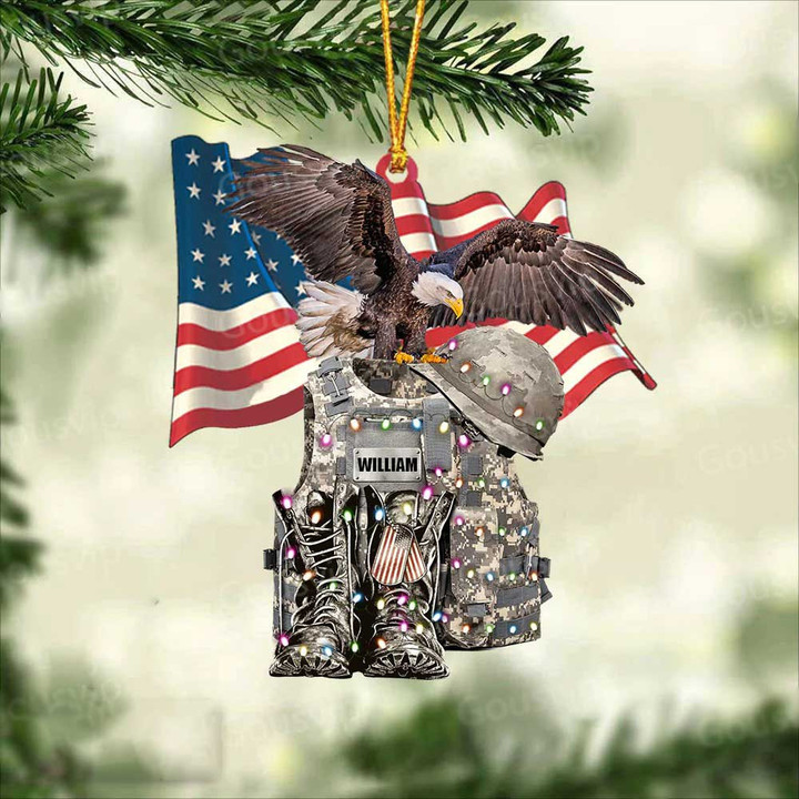 Eagle US Flag Military Uniform - Boots & Hat - Personalized Christmas Ornament for Veteran, Gift for Solider