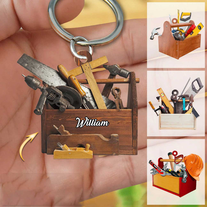 New Release Personalized Carpenter Tool Box With Name Acrylic Keychain for Carpenter, Gift for Dad