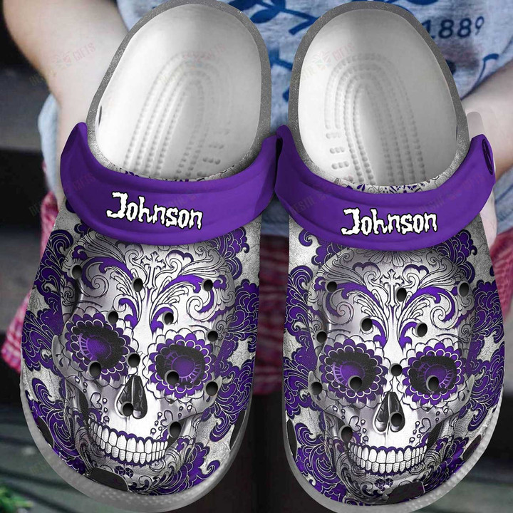 Customized Purple Skull Crocs for Skull Lovers, Custom Name Skull Clog Shoes for Men & Women