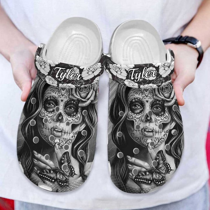 Customized Sugar Skull Tattoo Girl Crocs Clog Shoes, Gift for Daughter, Skull Women Crocs