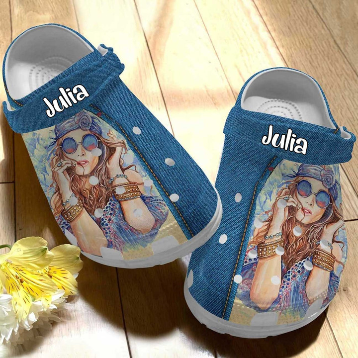 Personalized Hippie Girl Jean Pattern Crocs Clog Shoes for Women and Hippie Girl