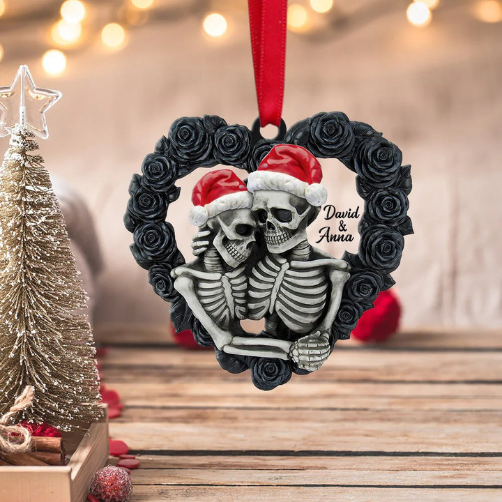 Personalized Black Rose Heart Shape - Skeleton Couple Flat Ornament Skull Couple Husband and Wife