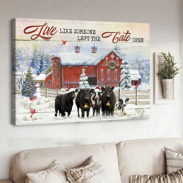 Black Angus Christmas Wall Art, Red barn Painting, Live like someone left the gate open - Jesus Landscape Canvas Prints Farmhouse Canvas Xmas Gift