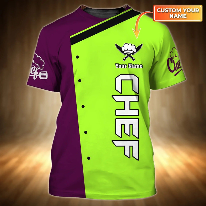 Personalized Master Chef Tshirt, Neon Green And Eggplant Purple 3D All Over Print Chef Shirt