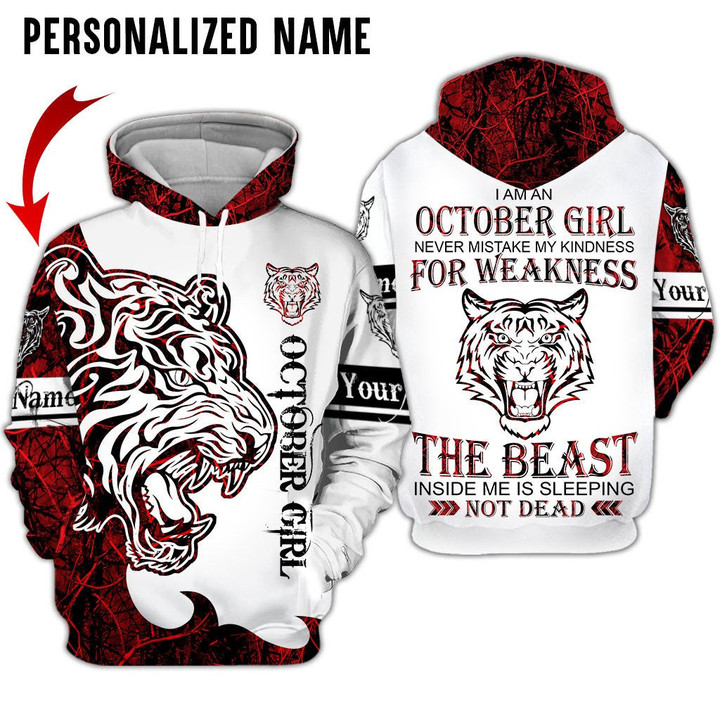 Personalized Name Birthday Outfit October Girl 3D All Over Printed Birthday Shirt Tiger Pattern Hunting