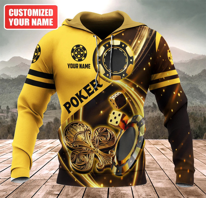 Custom Name Poker 3D Shirt Gold Pattern, Poker Zip Up Hoodie, Gift For A Poker Player
