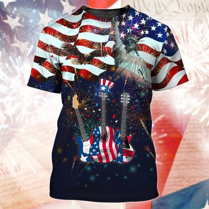 3D Full Printed Guitar Independence Day Shirt, Guitarist Gift 4Th Of July, Guitar 3D Shirt