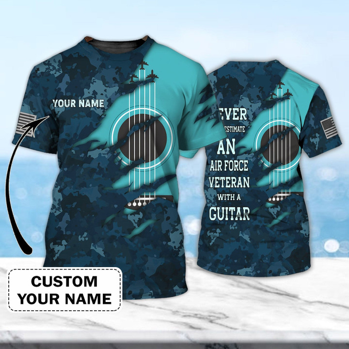 Never Underestimate An Air Force Veteran With A Guitar 3D T Shirt, Sublimation Shirts For Guitar Lovers