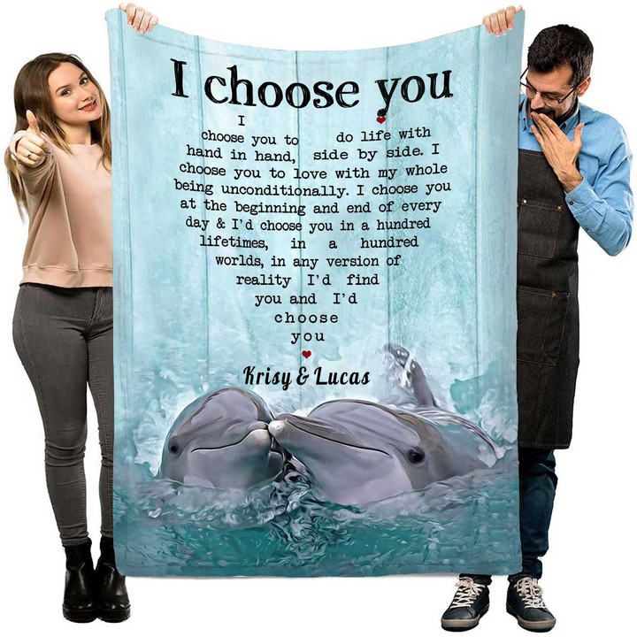 Dolphin Swimming Couple Blanket, Dolphin I choose you Fleece Blanket, Together We Built A Life We Love Dolphin Blanket for Husband and Wife