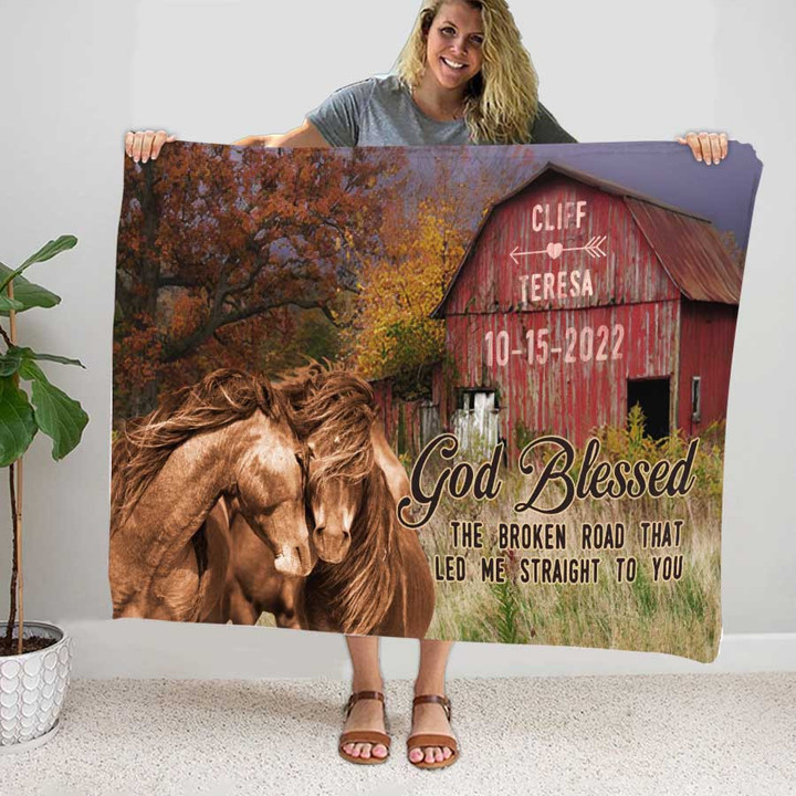 Horse Couple Farmhouse Blanket, God blessed the broken road Blanket for Wife & Husband Birthday Gift