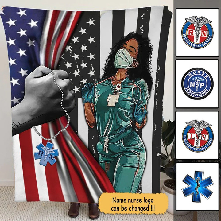 Personalized American Flag Black Nurse Blanket, African American Nurse Blanket for Her