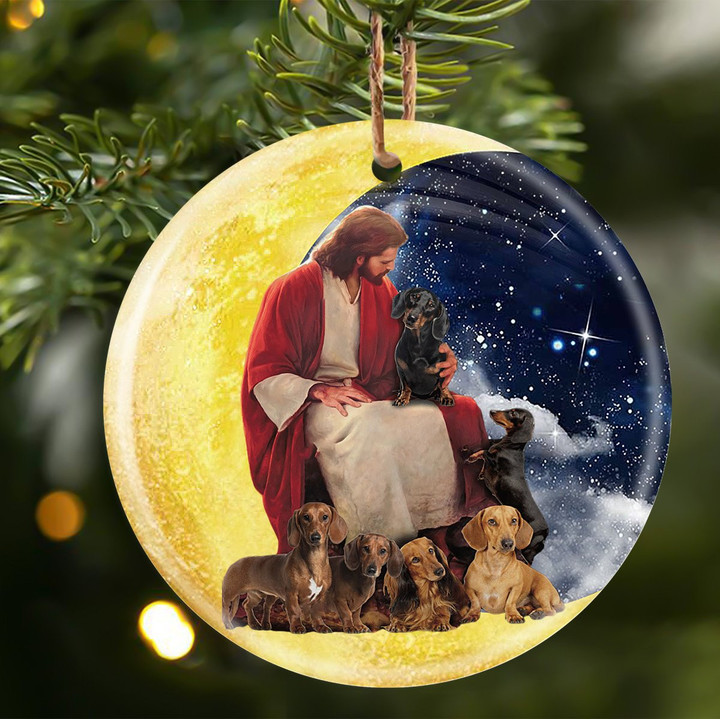 Dachshunds With God Sits on the Moon Ceramic Ornament for Dog Lovers
