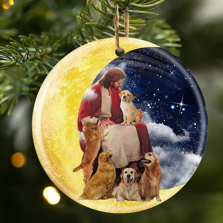 Golden Retrievers With God Sits on the Moon Ceramic Ornament for Dog Lovers