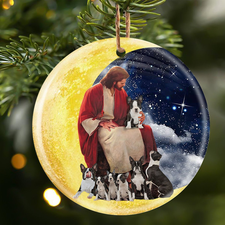Boston Terriers With God Sits on the Moon Ceramic Ornament for Dog Lovers