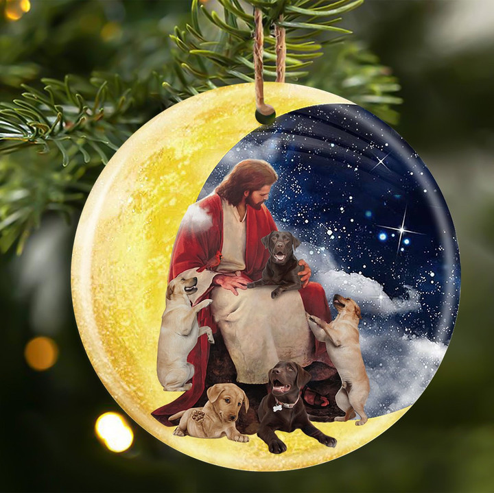 Labrador Retrievers With God Sits on the Moon Ceramic Ornament for Dog Lovers