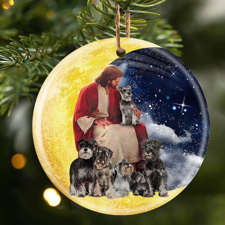 Miniature Schnauzers With God Sits on the Moon Ceramic Ornament for Dog Lovers