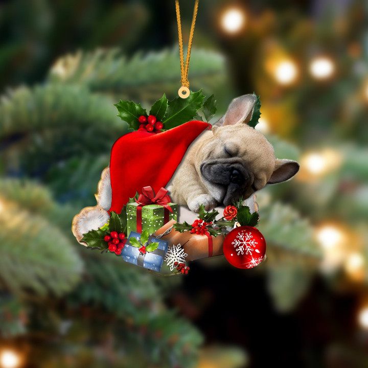 French Bulldog Sleeping In Hat Christmas Ornament Two Sided