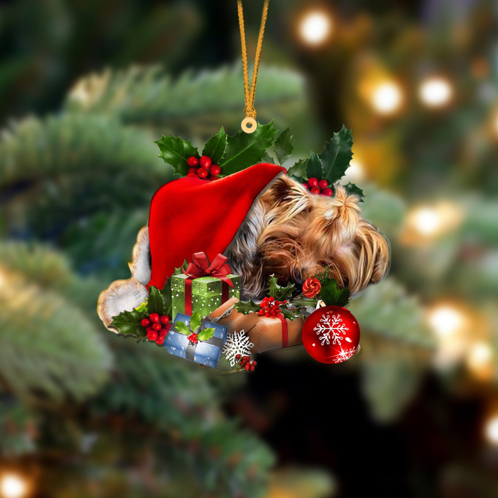 Yorkshire Terrier Sleeping In Hat Christmas Ornament Two Sided