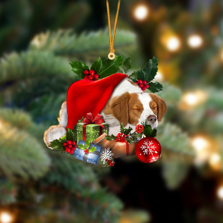Brittany Spaniel Sleeping In Hat Christmas Ornament Two Sided