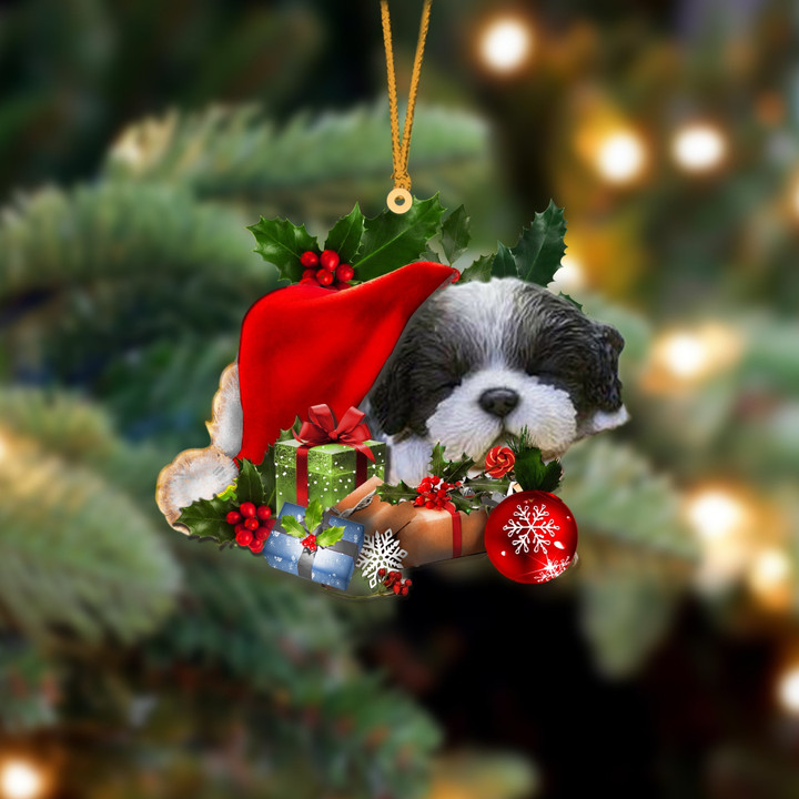 Black White Shih Tzu Sleeping In Hat Christmas Ornament Two Sided
