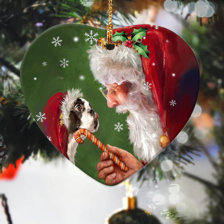 Boston Terrier and Santa Clause With Candy Cane Christmas Ceramic Ornament