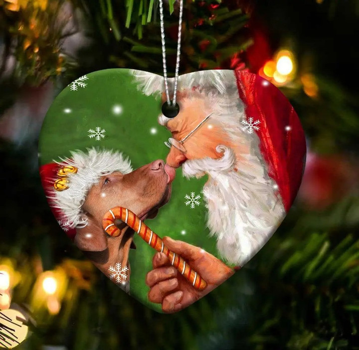 Vizsla and Santa Clause With Candy Cane Christmas Ceramic Ornament for Vizsla Lovers