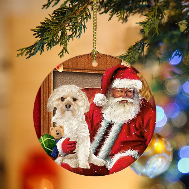 Morkie With Santa Christmas Ceramic Ornament for Dog Lovers