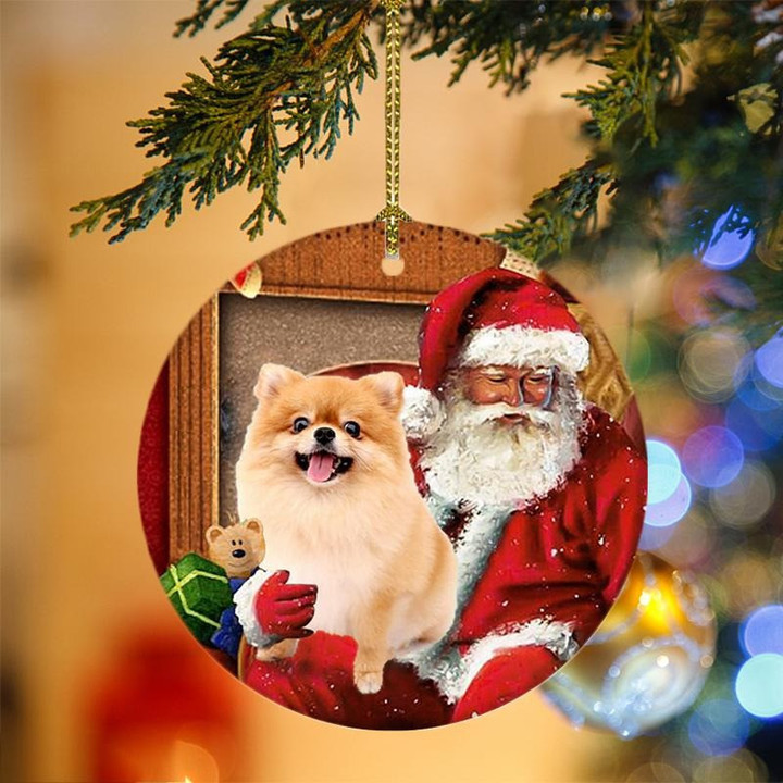 Pomeranian With Santa Christmas Ceramic Ornament for Dog Lovers