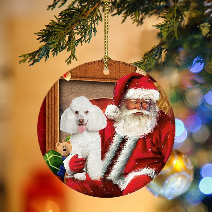 White Poodle With Santa Christmas Ceramic Ornament for Dog Lovers