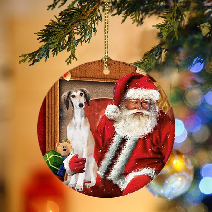 Saluki With Santa Christmas Ceramic Ornament for Dog Lovers