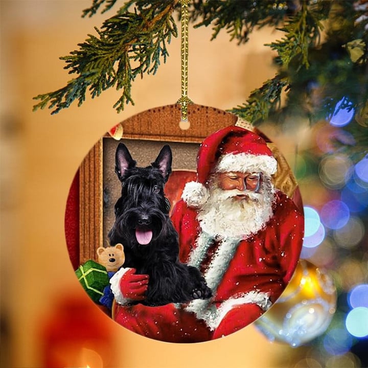 Scottish Terrier With Santa Christmas Ceramic Ornament for Dog Lovers