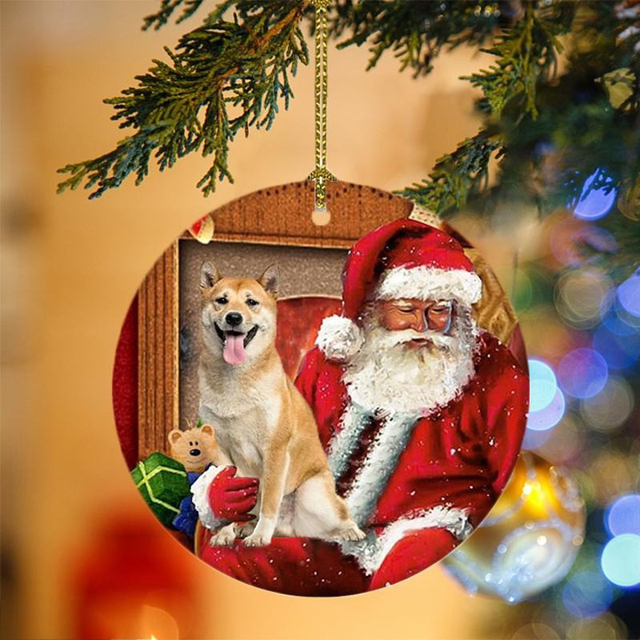 Shiba Inu With Santa Christmas Ceramic Ornament for Dog Lovers