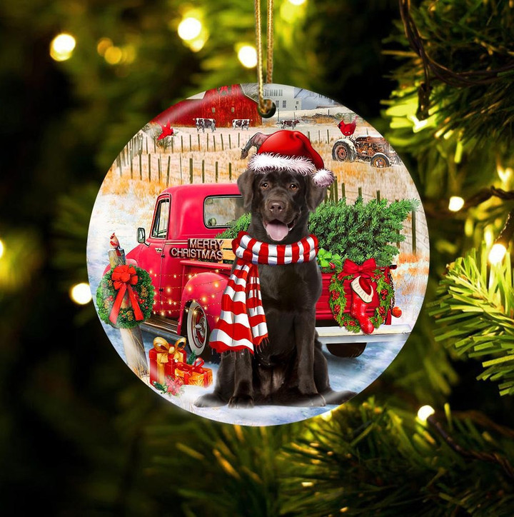 Chocolate Labrador With Red Truck Christmas Ceramic Ornament