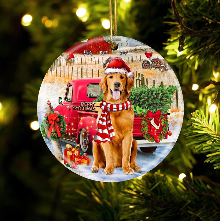Golden Retriever With Red Truck Christmas Ceramic Ornament