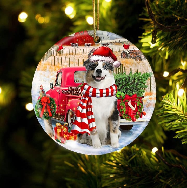 Australian Shepherd With Red Truck Christmas Ceramic Ornament