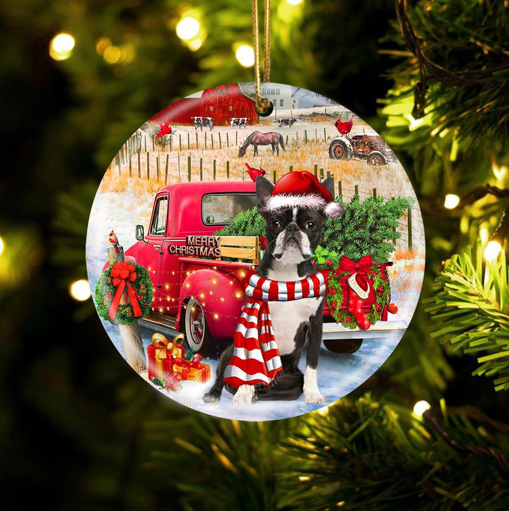 Boston Terrier With Red Truck Christmas Ceramic Ornament