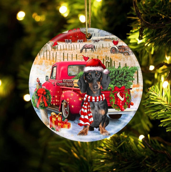Black Dachshund With Red Truck Christmas Ceramic Ornament