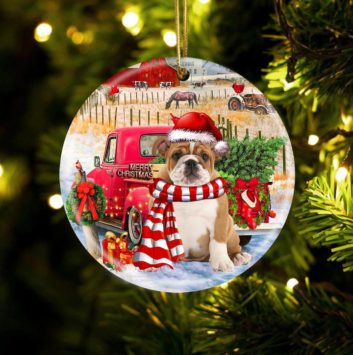 English Bulldog With Red Truck Christmas Ceramic Ornament