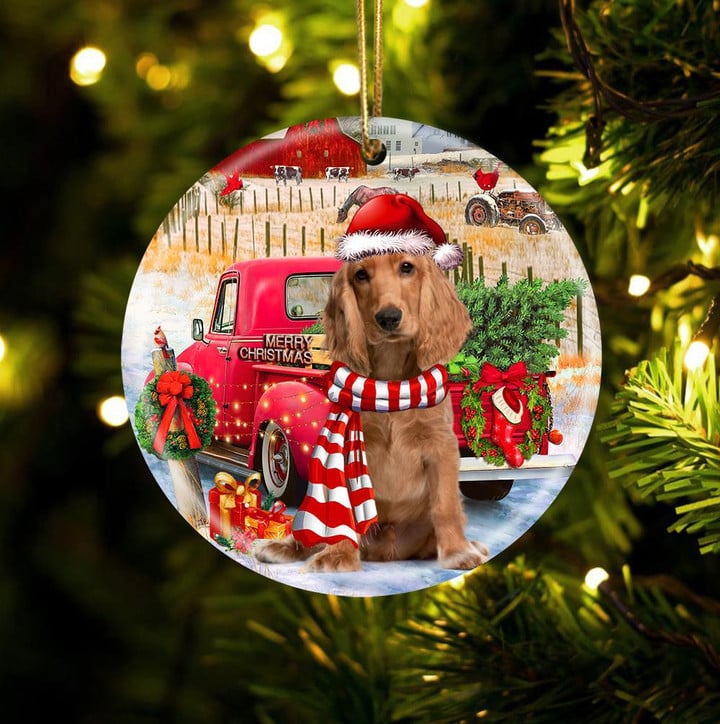English Cocker Spaniel With Red Truck Christmas Ceramic Ornament