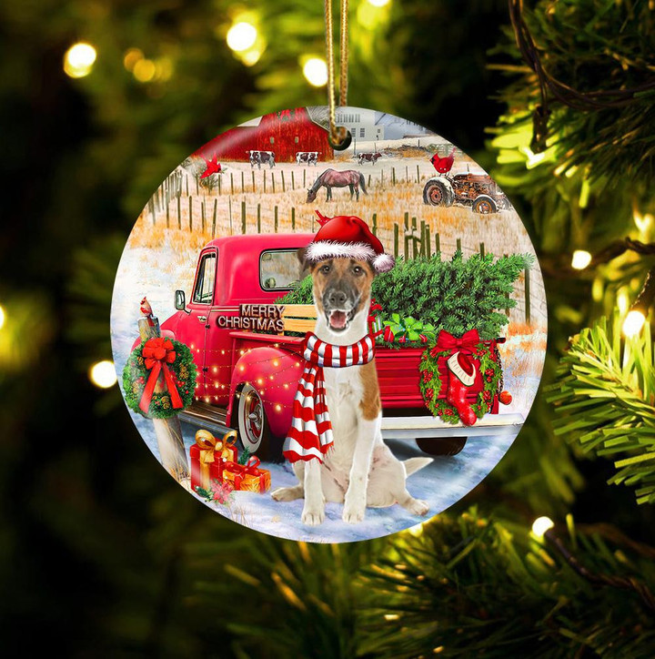 Fox Terrier With Red Truck Christmas Ceramic Ornament