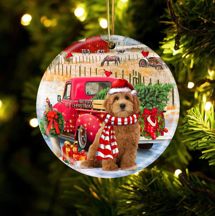 Goldendoodle With Red Truck Christmas Ceramic Ornament