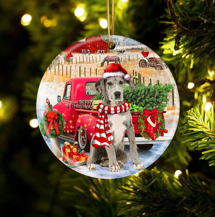 Great Dane With Red Truck Christmas Ceramic Ornament