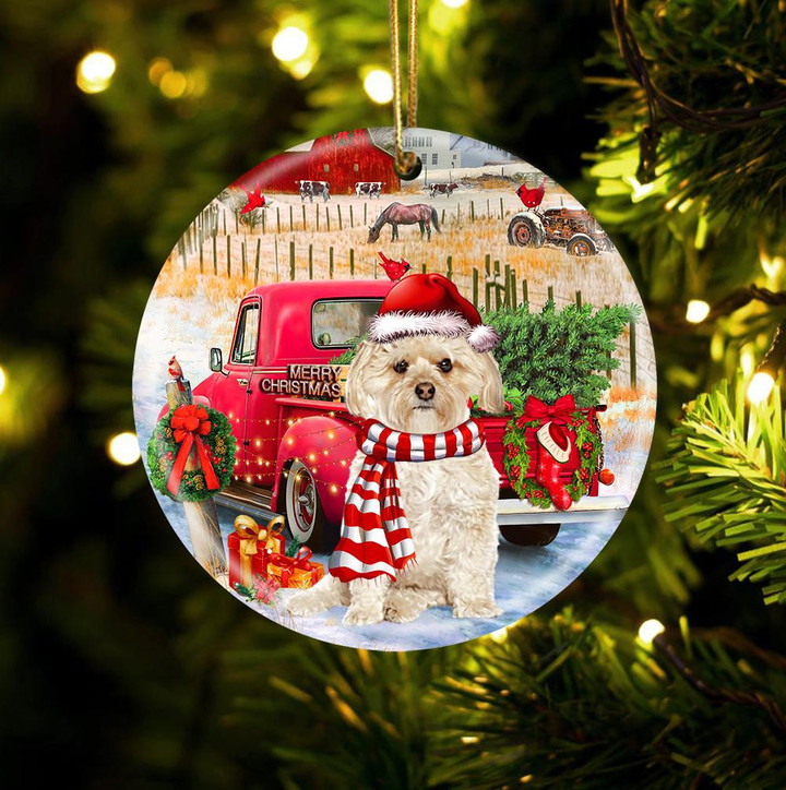 Morkie With Red Truck Christmas Ceramic Ornament