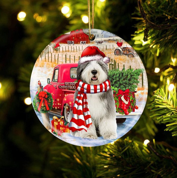 Old English Sheepdog With Red Truck Christmas Ceramic Ornament